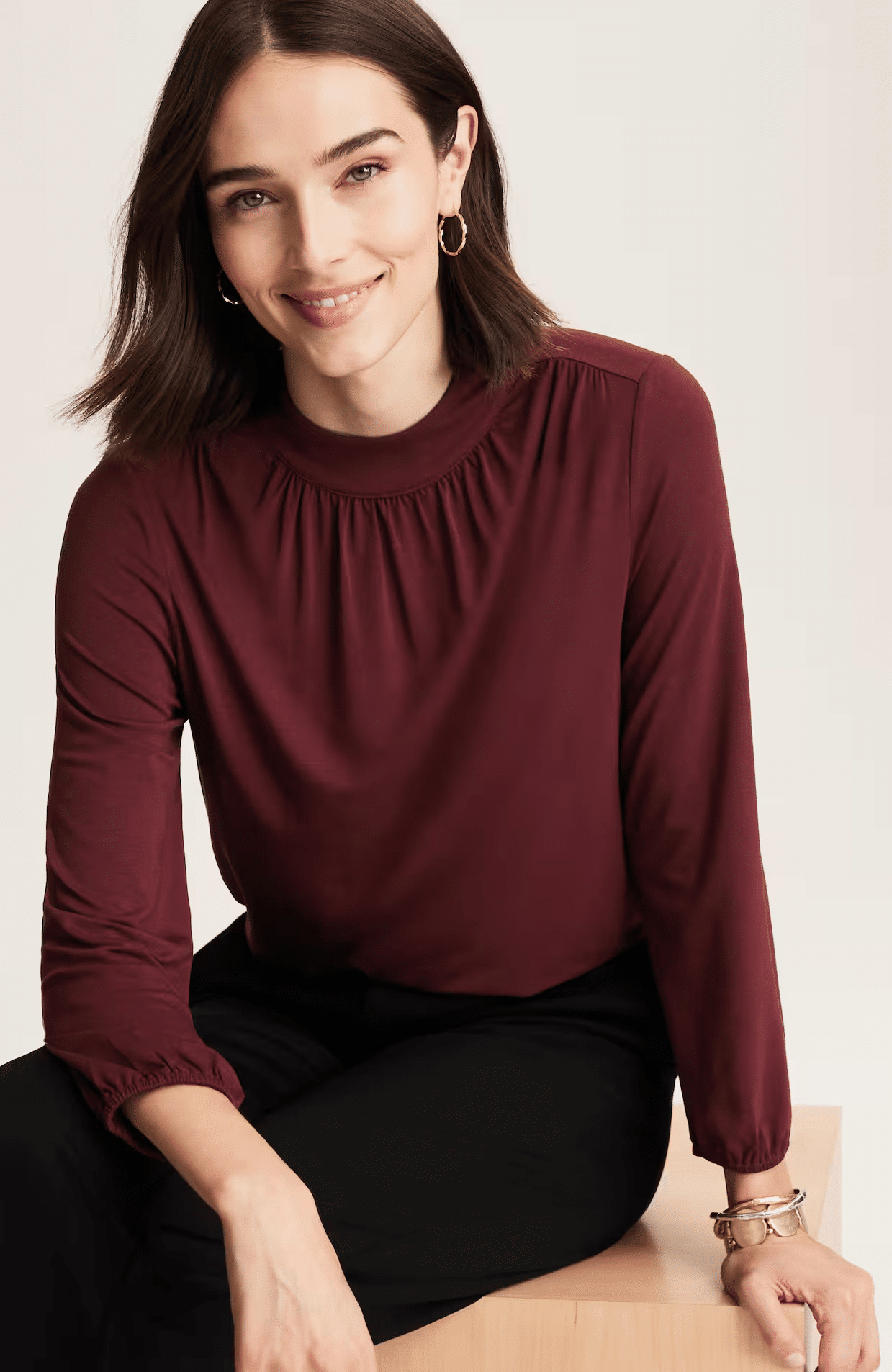 A-line shirred long sleeve top from J.Jill styled for women over 50