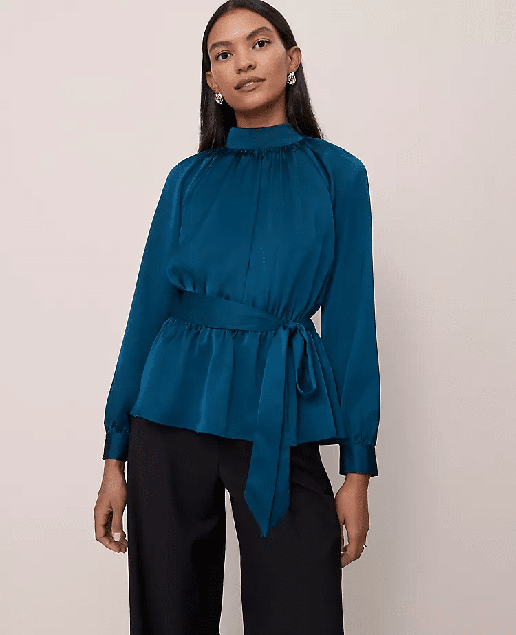 Satin tie-waist blouse from Ann Taylor styled for fall events