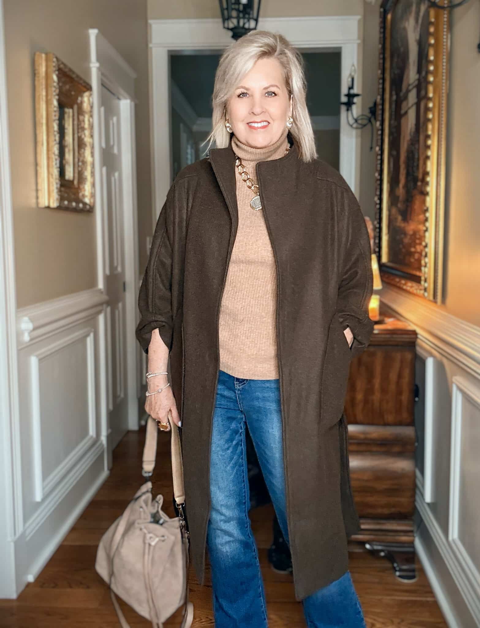 Tania wearing an open front coat from Amazon