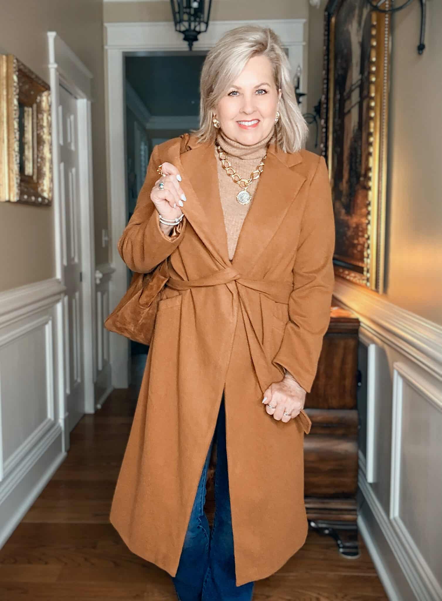 Tania wearing a tied shawl collar coat from Amazon