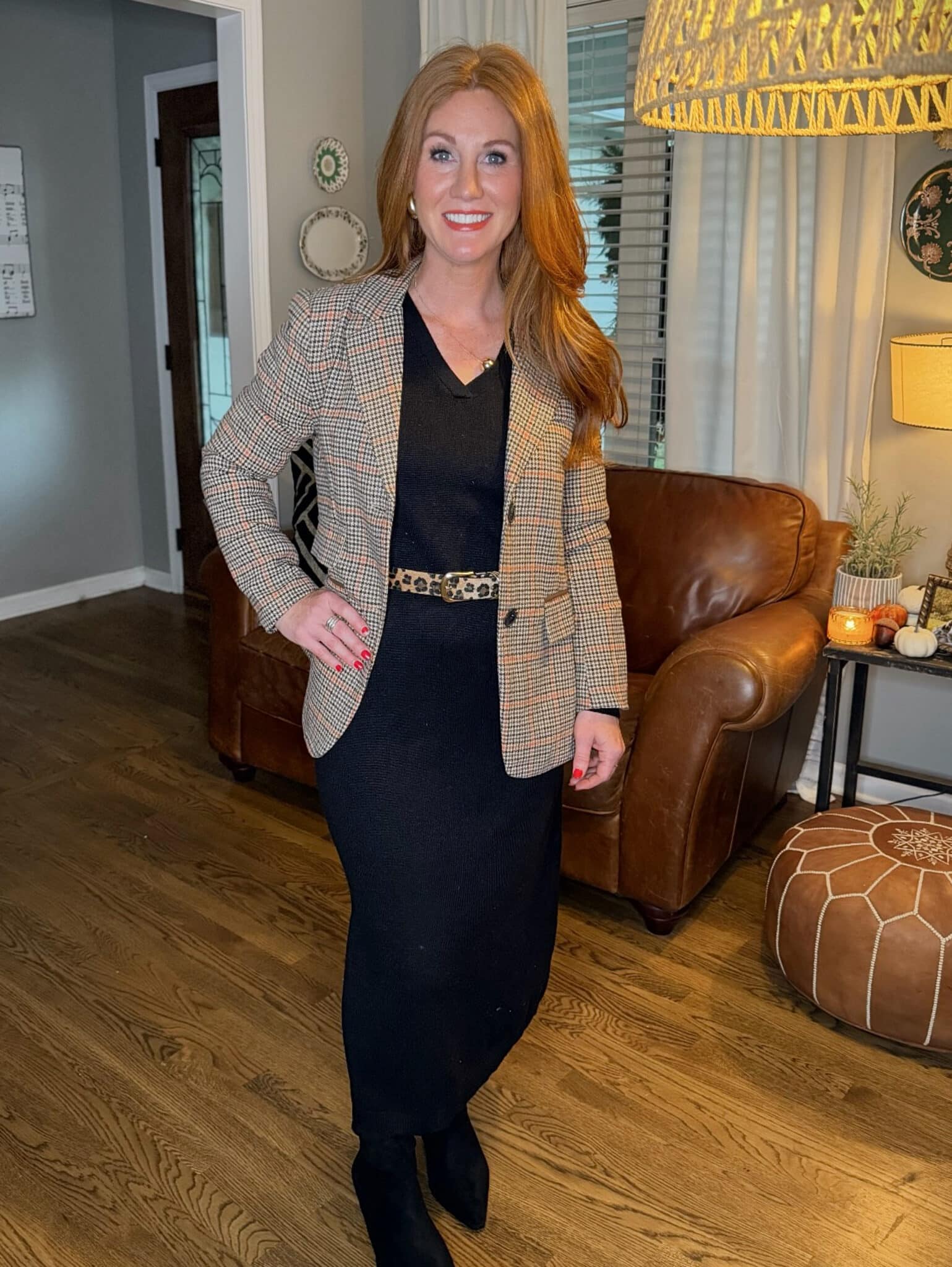 Black knit sweater dress and plaid blazer styled for petite professional style Amazon