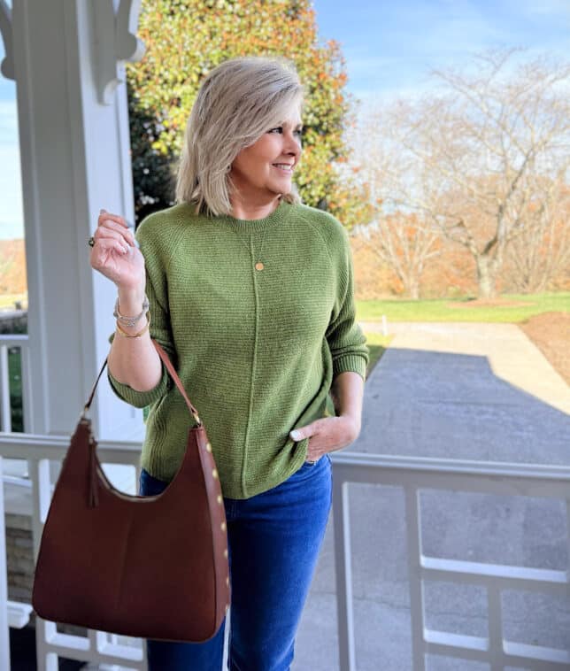 Green crewneck pullover sweater from Kohl’s styled for Thanksgiving at home