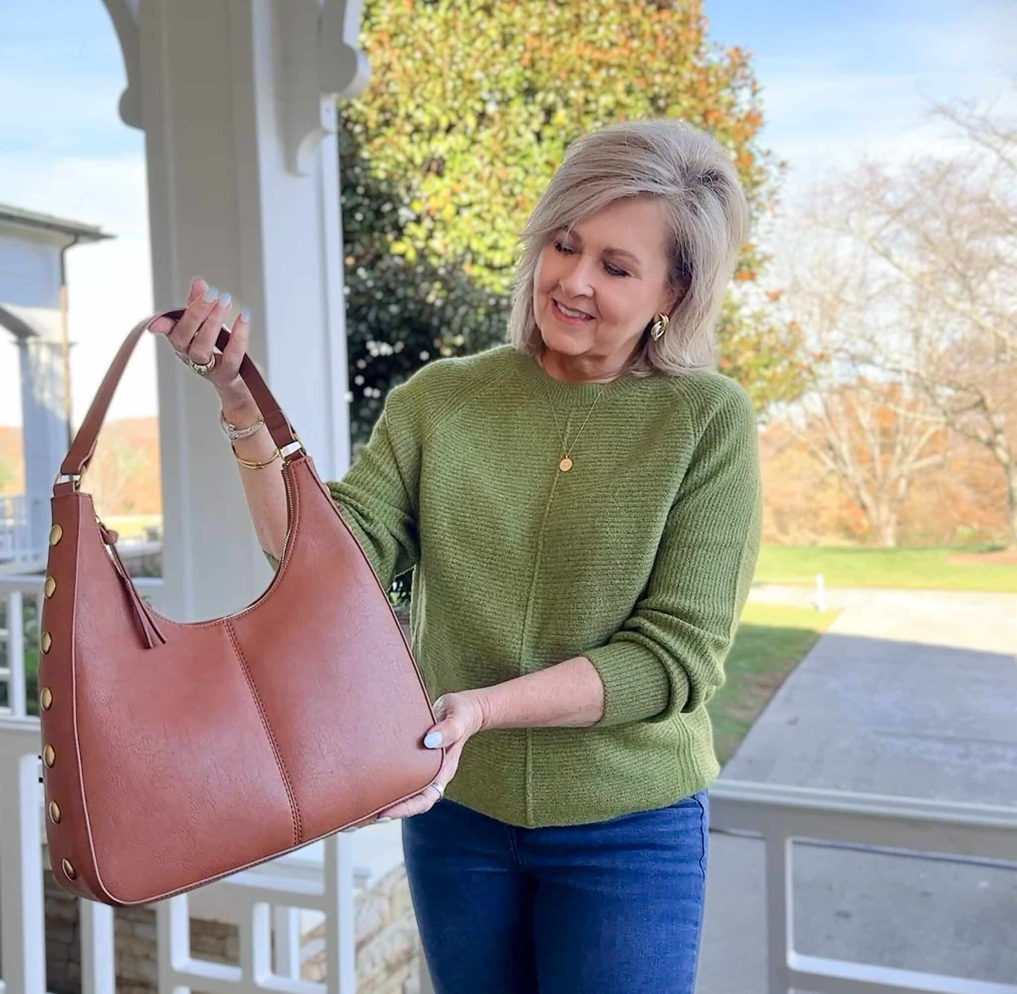 Cognac shoulder bag and loafers from Kohl’s styled with casual Thanksgiving outfit