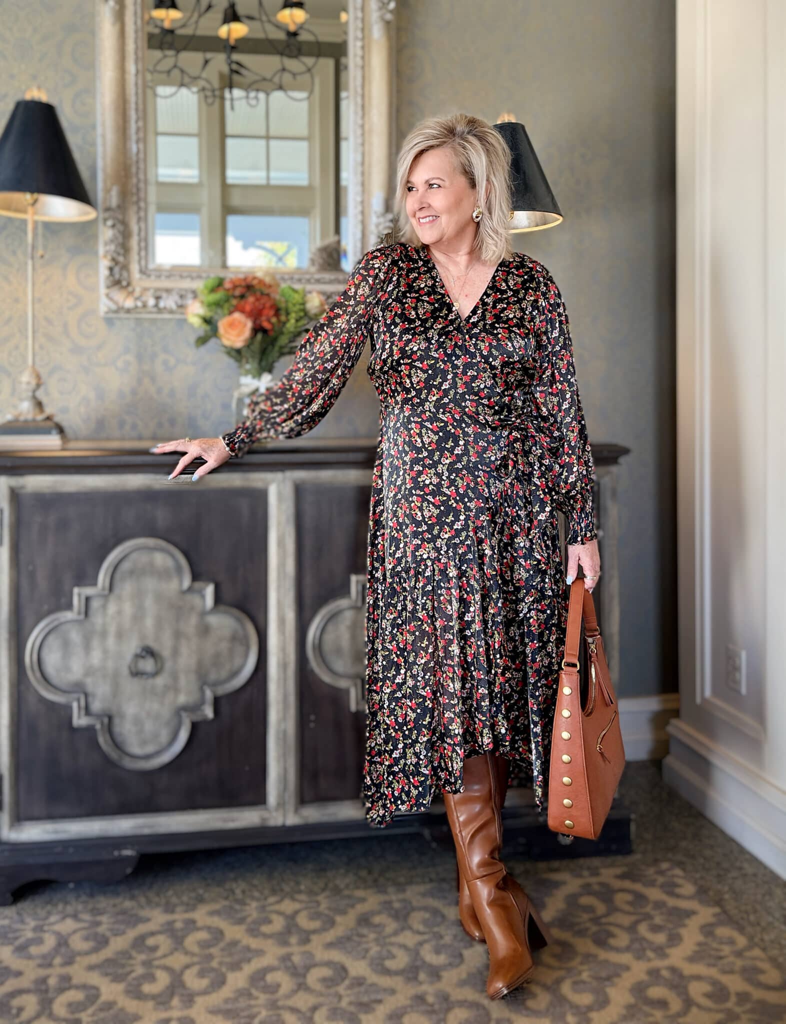 Floral wrap maxi dress and Cognac knee-high boots from Kohl’s for a dressy Thanksgiving look