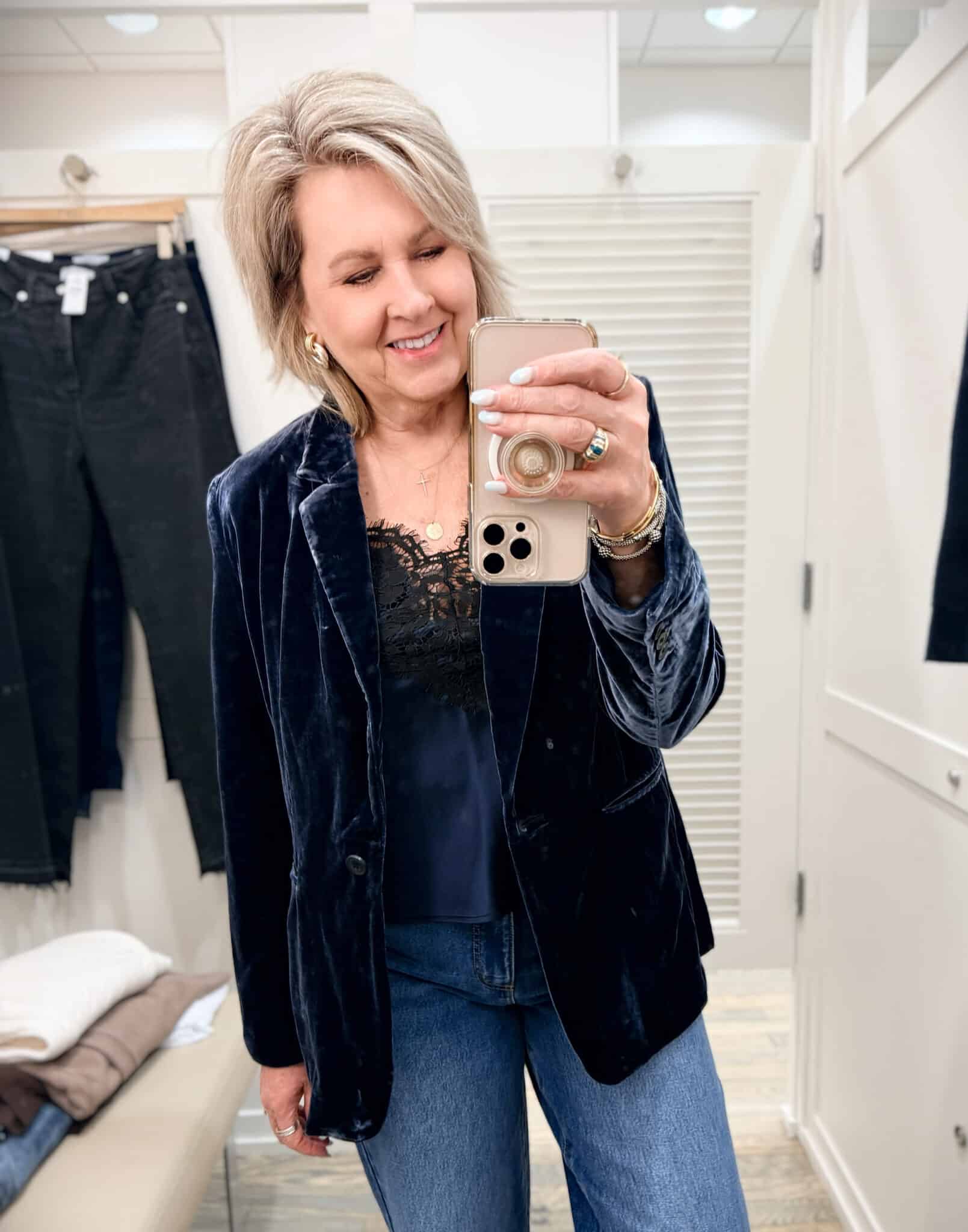 Tania doing a Loft try-on haul in a deep blue velvet blazer