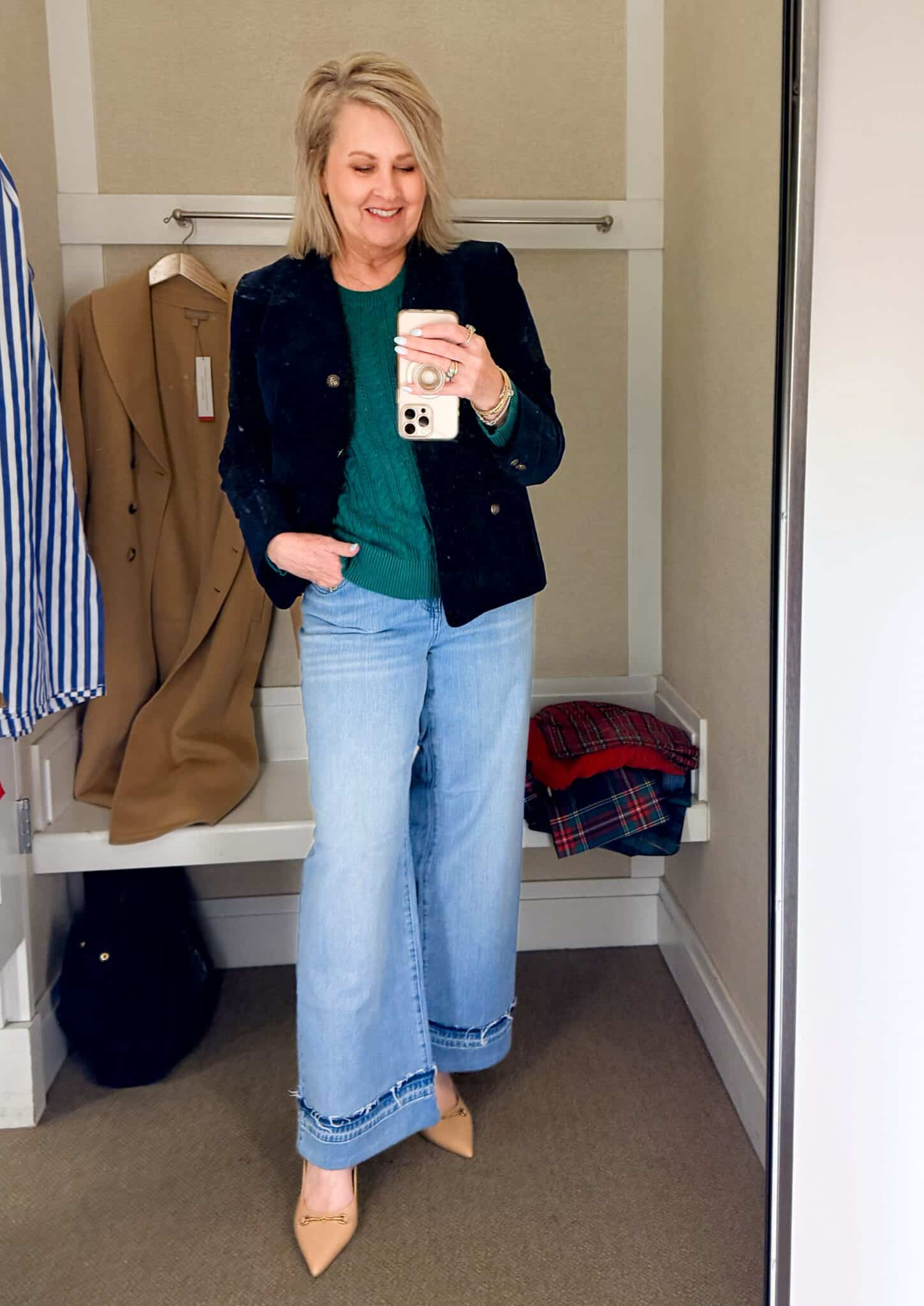 Tania trying on a Velveteen blazer with large cuffed jeans from Talbots