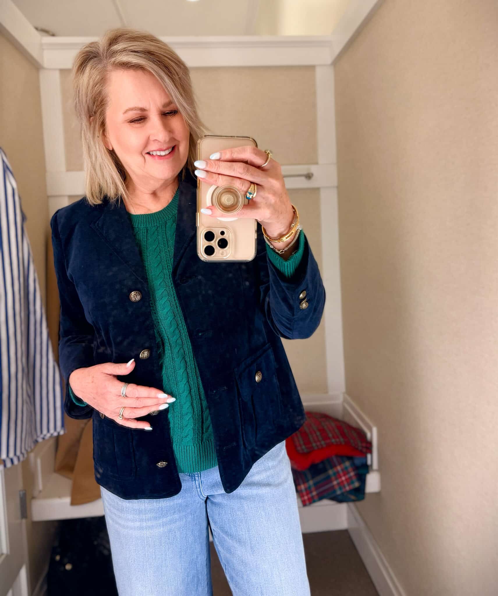 Tania trying on a Velveteen blazer from Talbots