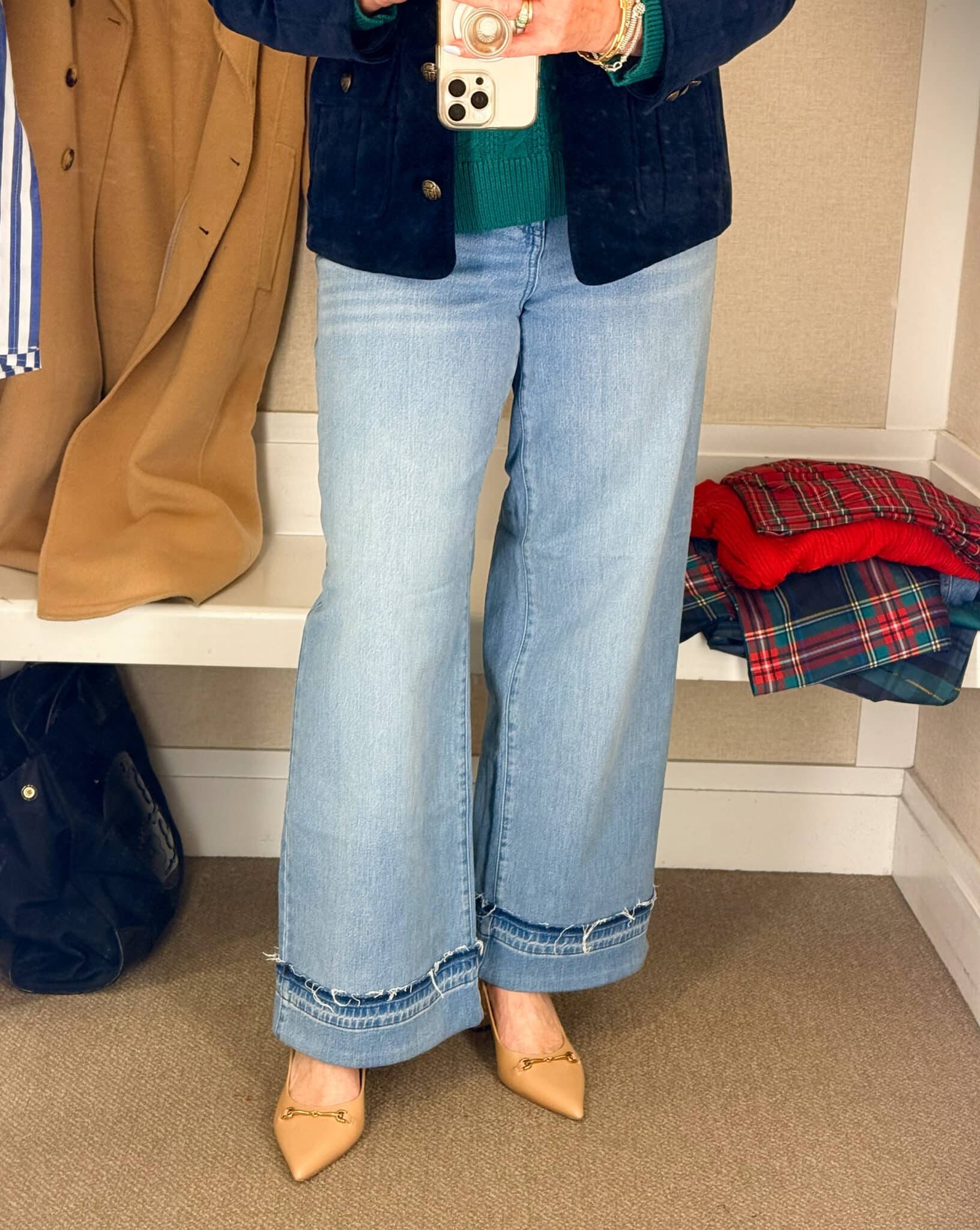 Tania trying on large cuffed jeans from Talbots