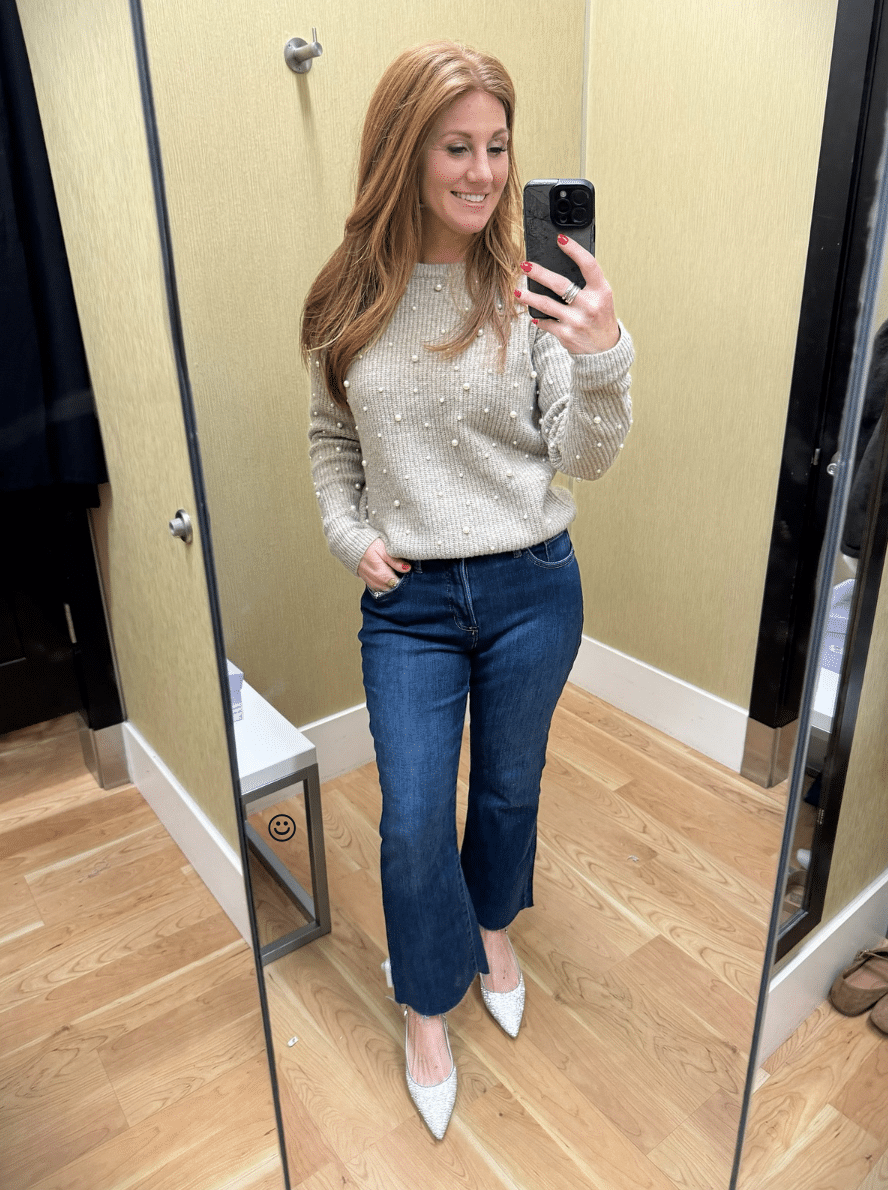Lauren Conrad Super High-Rise Wildflower Wide Leg Cropped Pants and a pearl embellished sweater