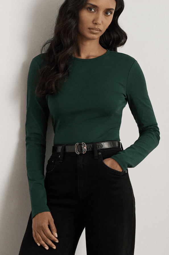 Talbots organic cotton mockneck long sleeve tee in a neutral shade for layering under jackets.