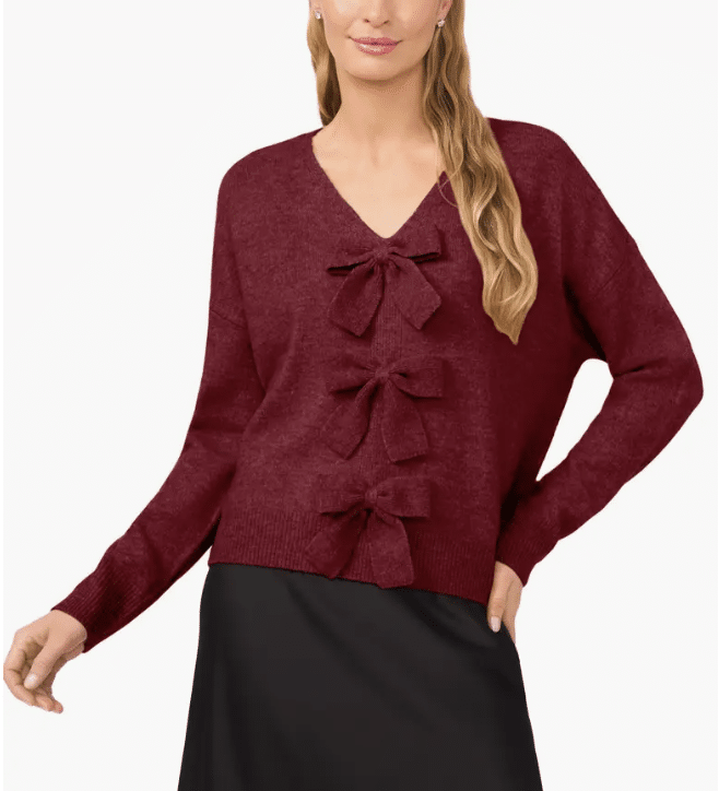 CeCe bow front sweater with feminine bow detail at the neckline.