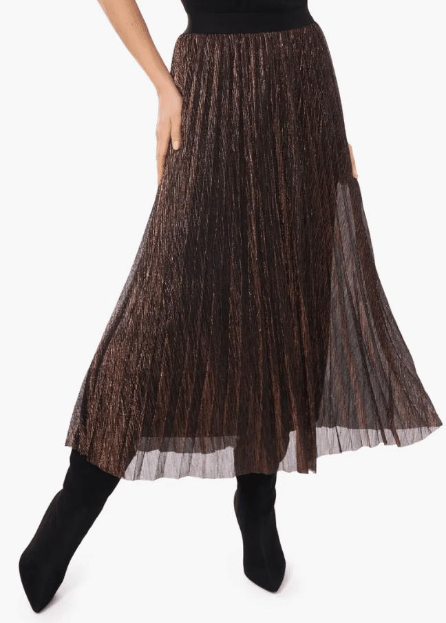 Halogen metallic pleated skirt with shiny pleats and holiday inspired finish.