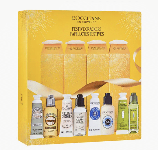 L’Occitane festive holiday cracker skin care set with mini hand creams.