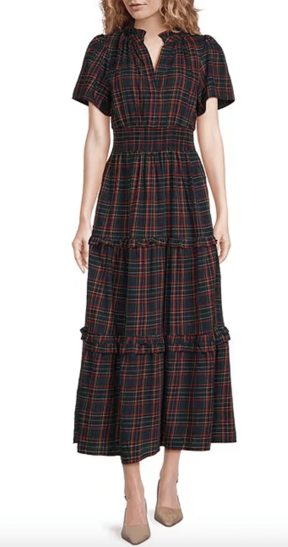Sugarlips plaid poplin maxi dress with split V-neck for holiday outfits.