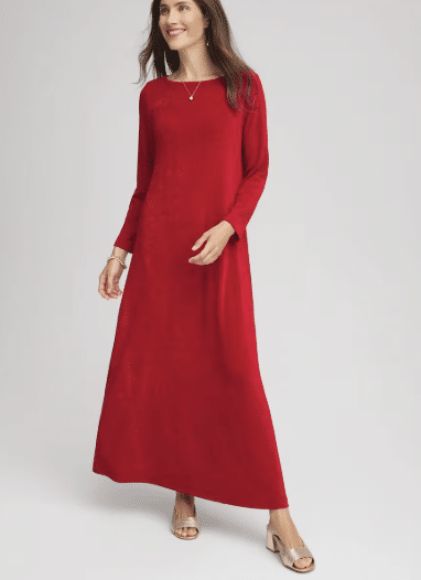 Chico’s Travelers wrinkle-free boatneck maxi dress in a sleek holiday style.