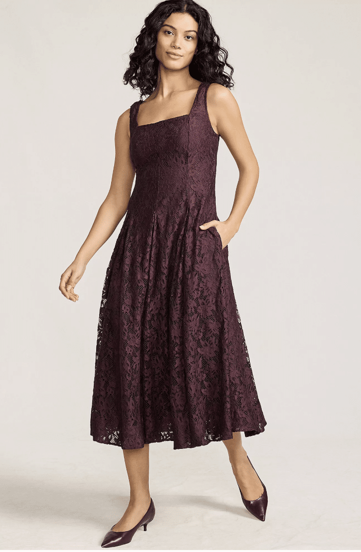 Lands’ End lace pleated square neck midi dress styled for holiday occasions.