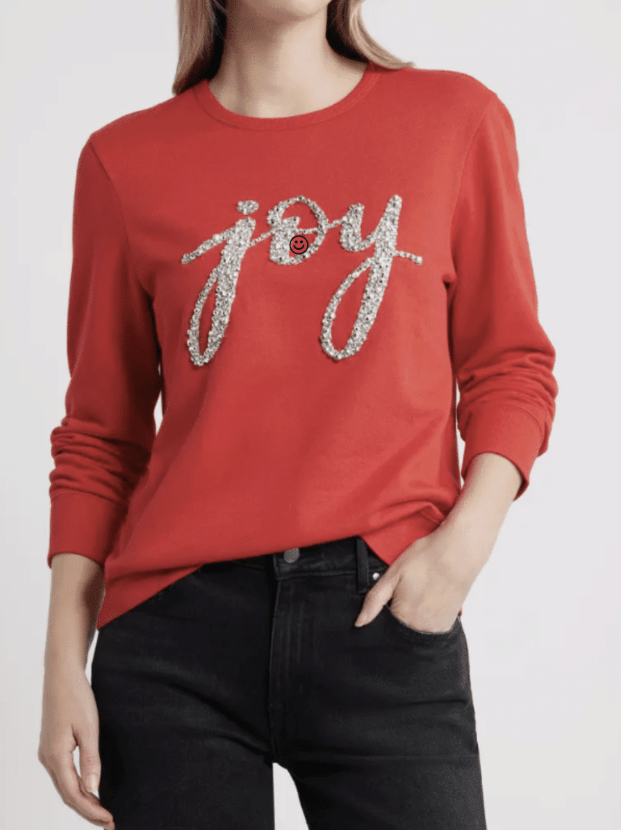 Joy embellished crewneck sweatshirt with subtle festive details.