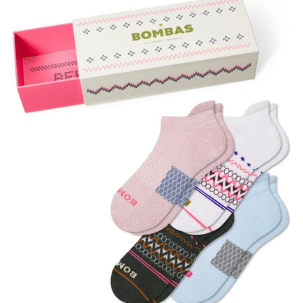 Bombas assorted ankle sock gift box with four cushioned pairs.