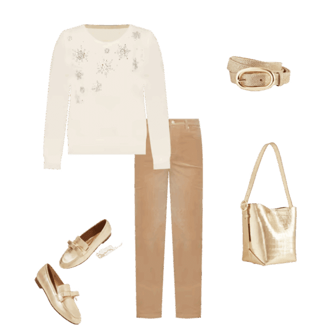 a neutral holiday look with metallic accessories