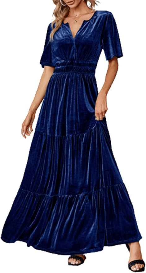 Velvet short sleeve V-neck maxi dress for holiday events.