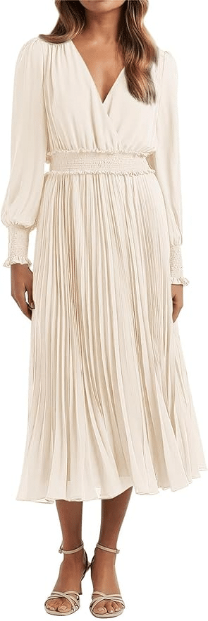 Long sleeve wrap-style pleated midi dress for holiday outfits.