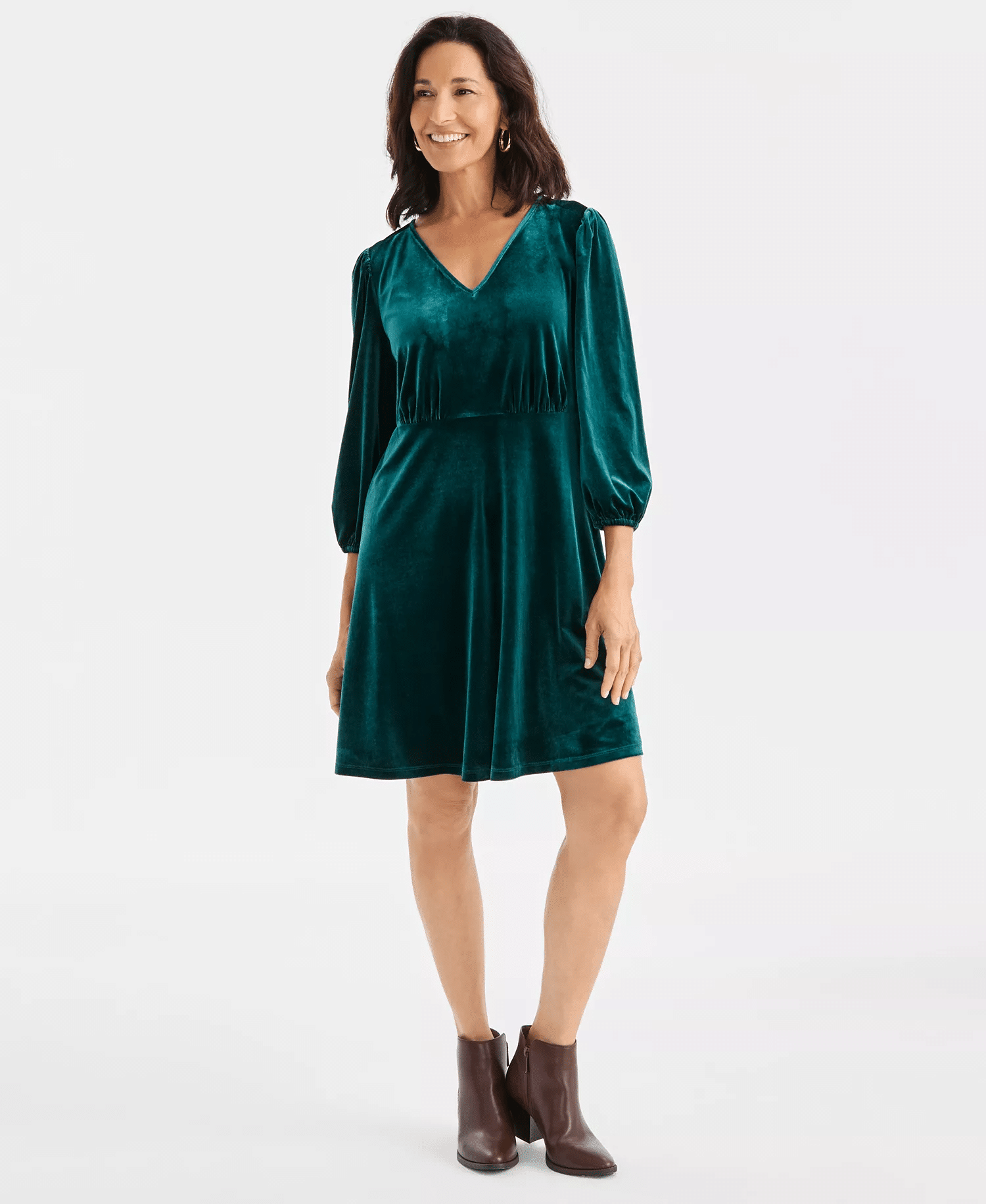 Style & Co V-neck 3/4-sleeve velvet dress in a simple holiday-ready style.
