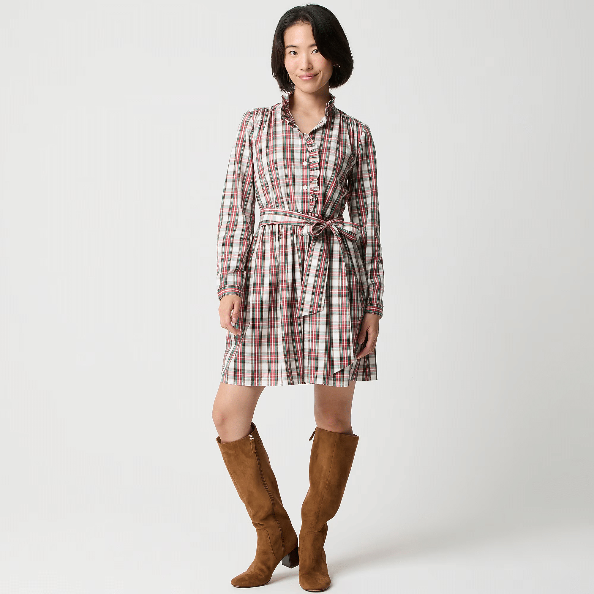 J.Crew Factory tartan mini shirt-dress styled with tights and boots for a festive holiday look.