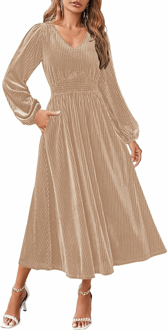 ZESICA velvet long sleeve V-neck midi dress styled with heels for a simple holiday look.