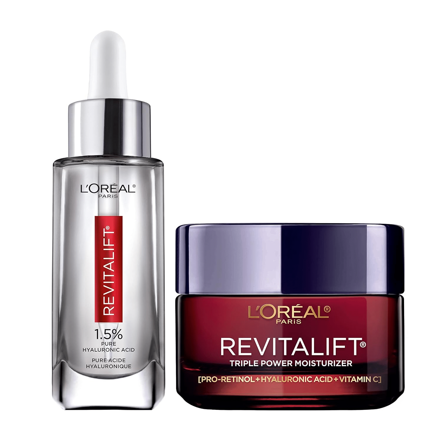L’Oréal Revitalift Hyaluronic Acid Serum and Moisturizer for mature dry skin.