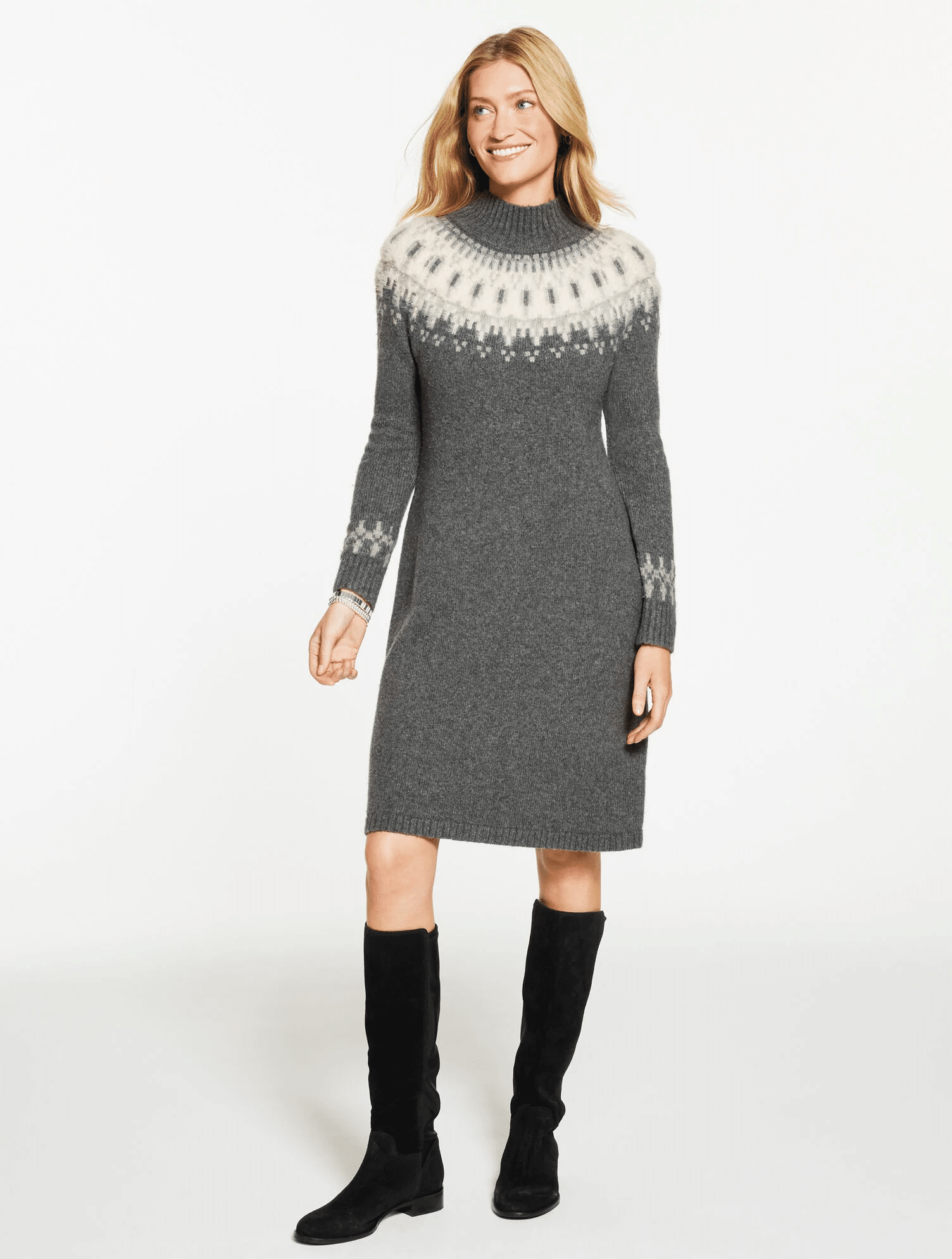 How to Wear Grey This Winter for Ladies Over 50 tania stephens fashion blogger 50 is not old sweater dress