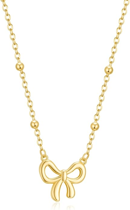 14K gold-plated dainty bow pendant necklace on delicate chain, ideal small gift for women.