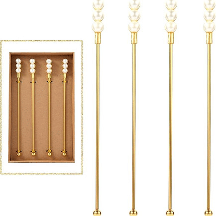 Set of four gold and pearl drink stirrers, perfect for coffee or cocktails.