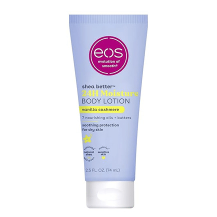 Travel-size EOS Vanilla Cashmere 24H Moisture body lotion for dry skin.
