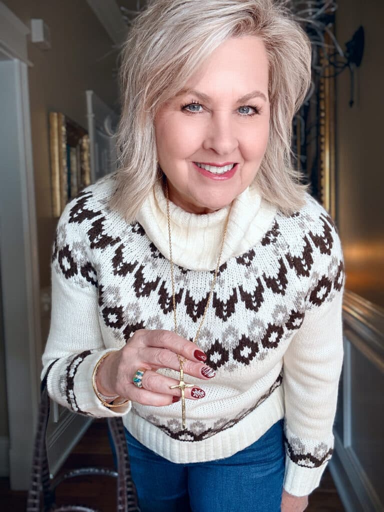 Fair Isle, brown and ivory sweater with a cowl neck