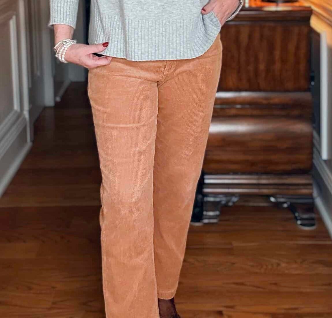 Tania wearing corduroy pants from Loft
