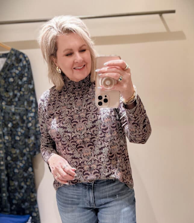 Tania doing a try-on haul at J.Jill of a printed high neck top