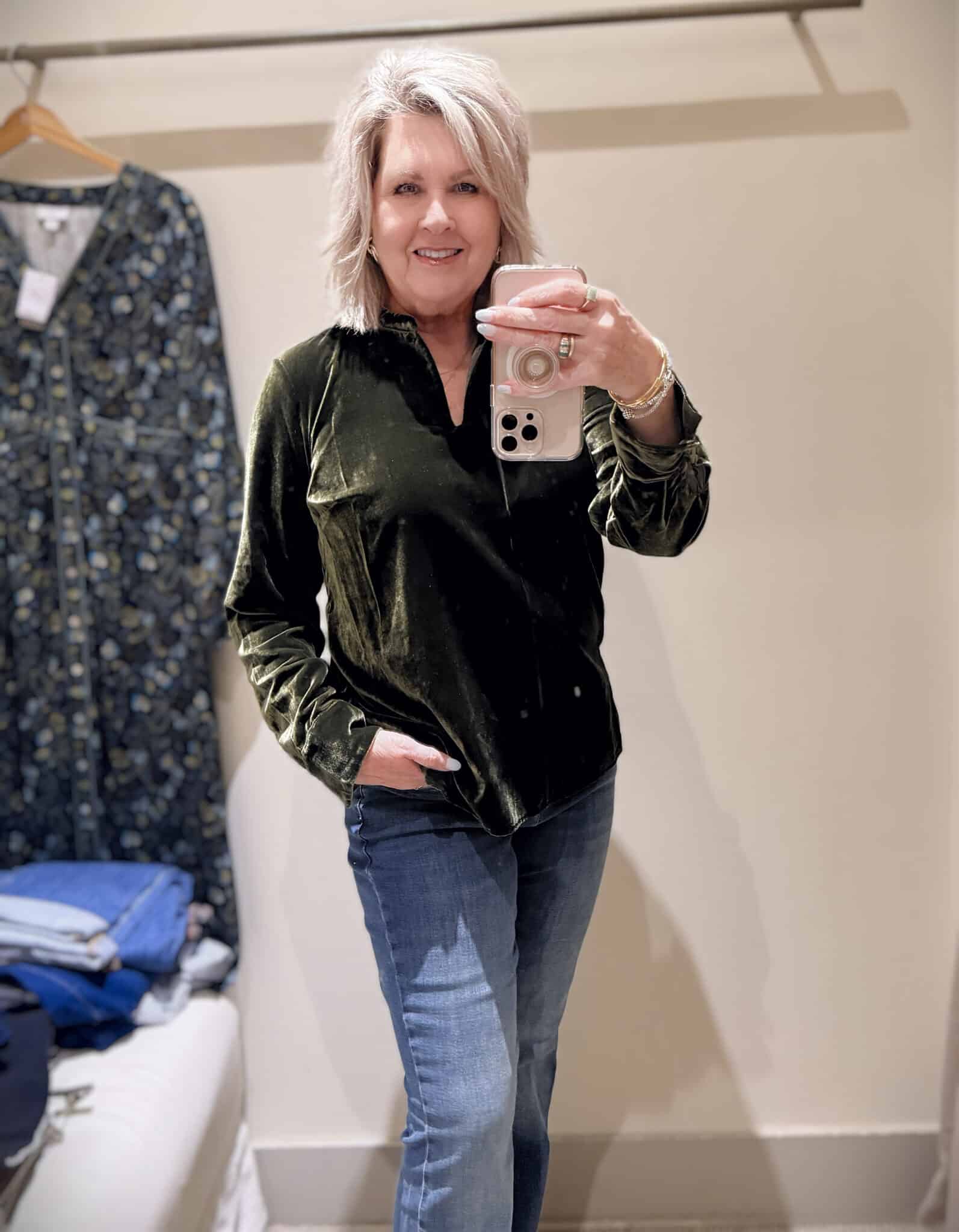 Tania doing a try-on haul at J.Jill  of a dark green velvet top