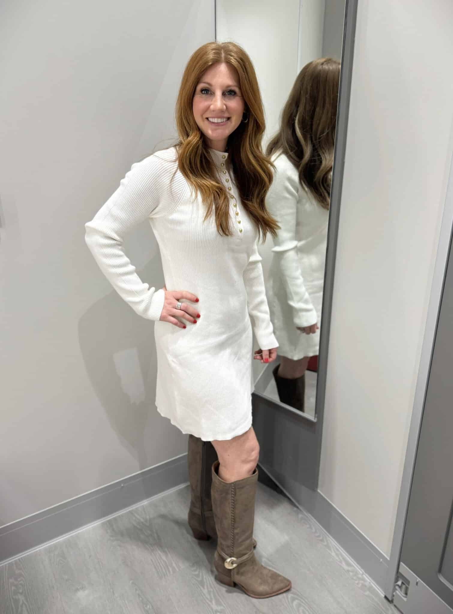 Stephanie wearing a cream sweater dress with boots from Target