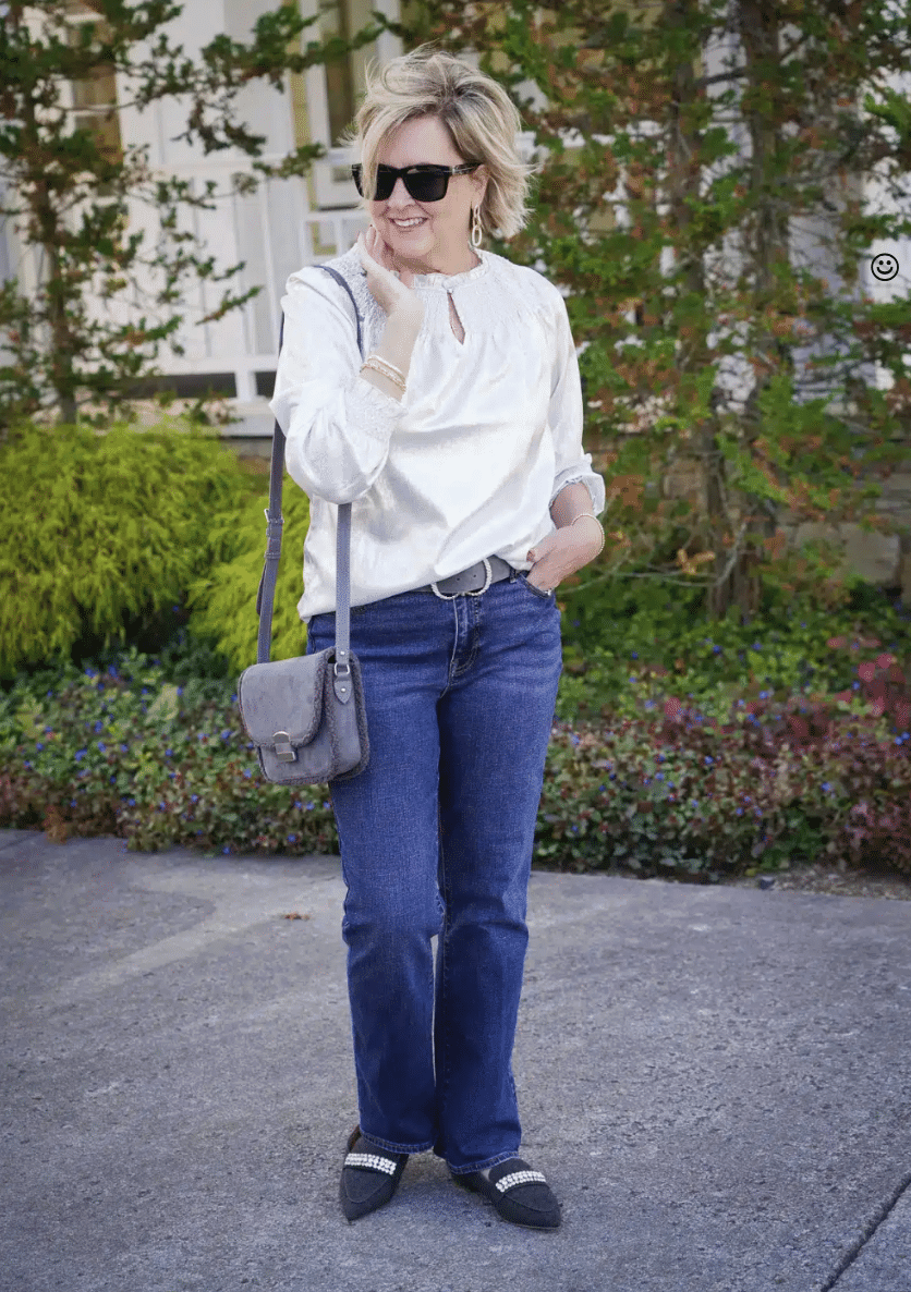 Tania wearing a sparkly pair of loafers