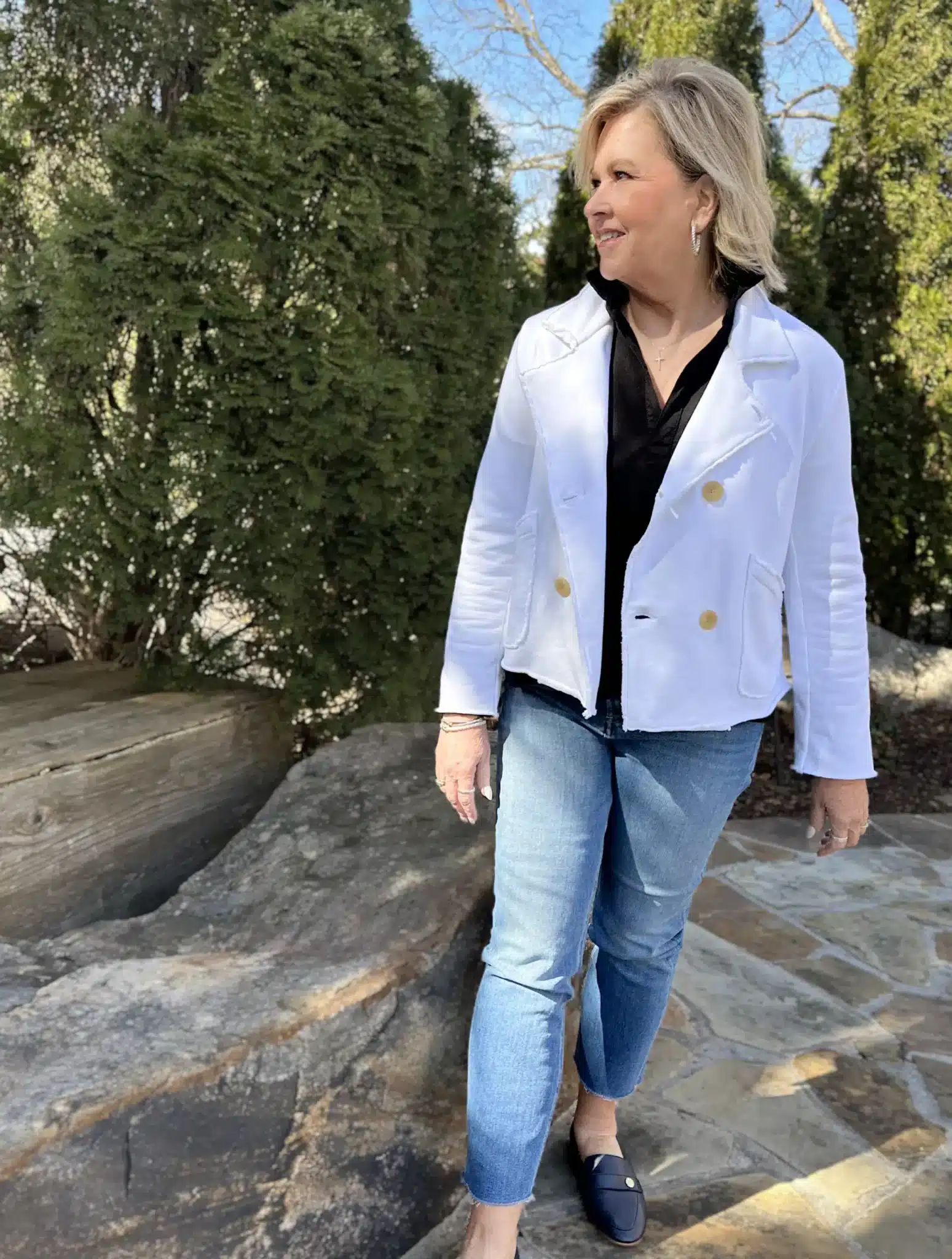 Tania wearing the Mini Belfast Cropped Sweatshirt Peacoat from Frank & Eileen