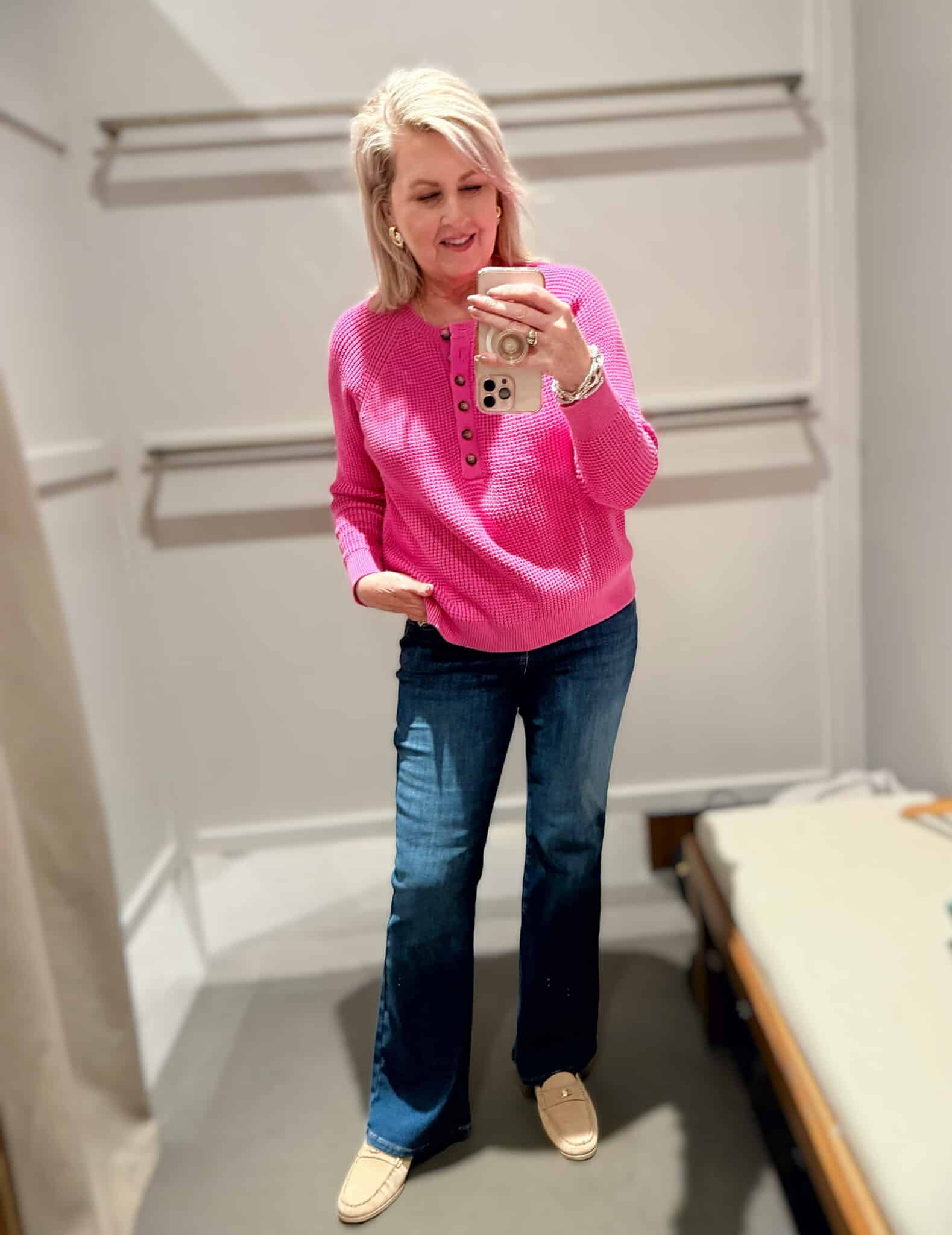 Tania wearing a pink waffle top with flare jeans from J.Jill