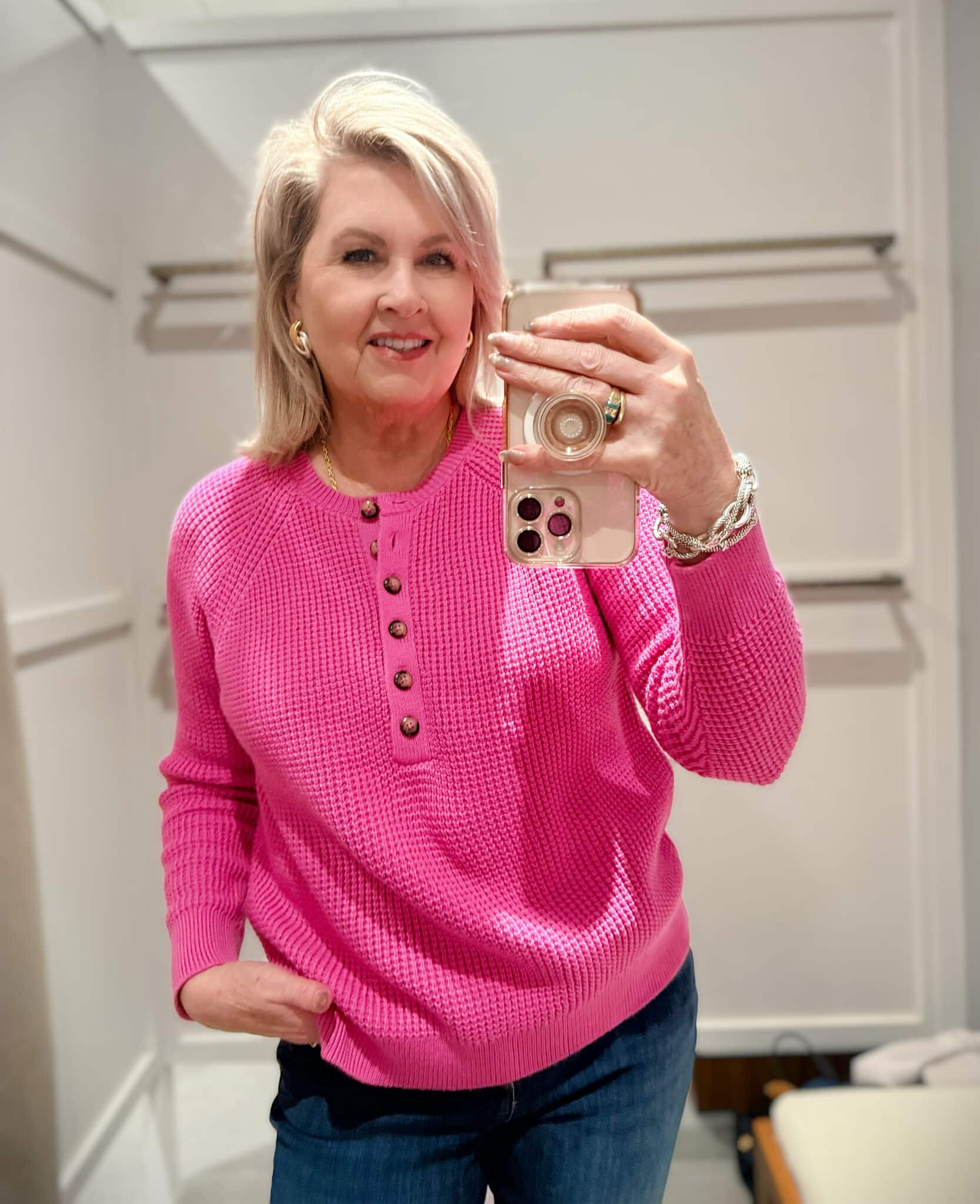 Tania wearing a pink waffle top from J.Jill