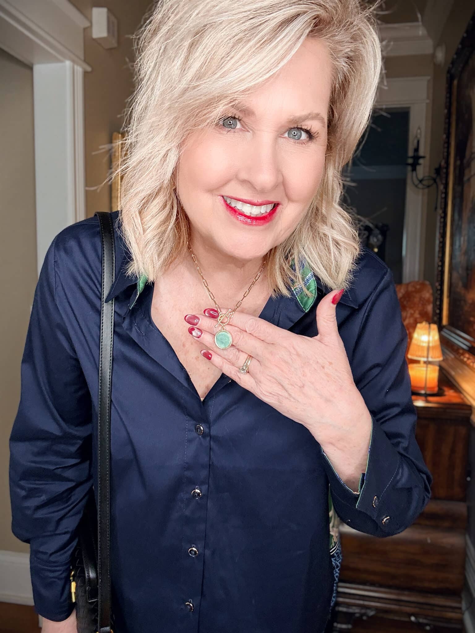 Tania wearing a gemstone toggle necklace from Amazon