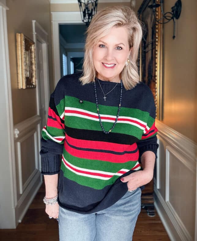 Tania wearing a striped rollneck sweater