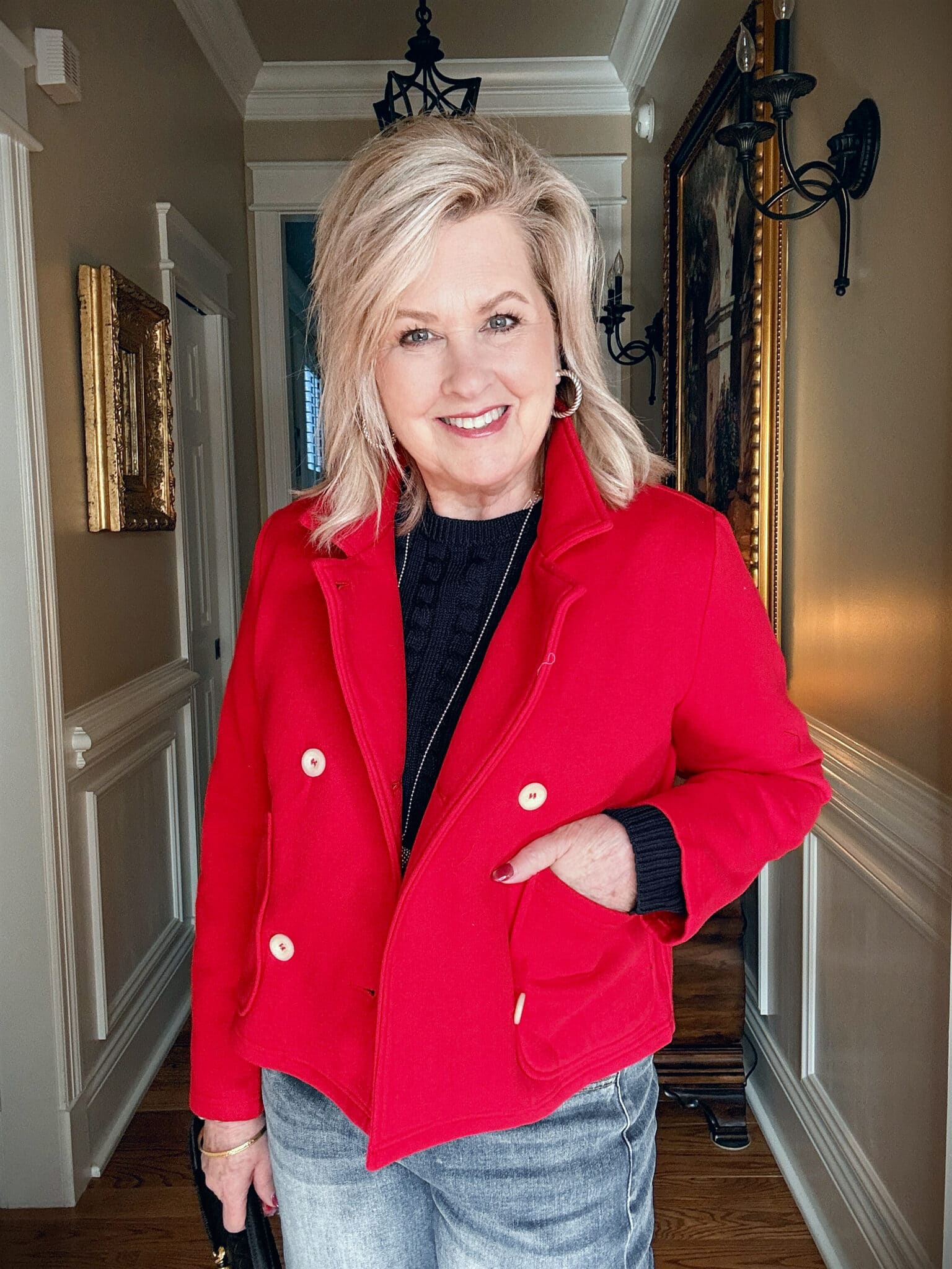affordable red jacket styled for women over 50