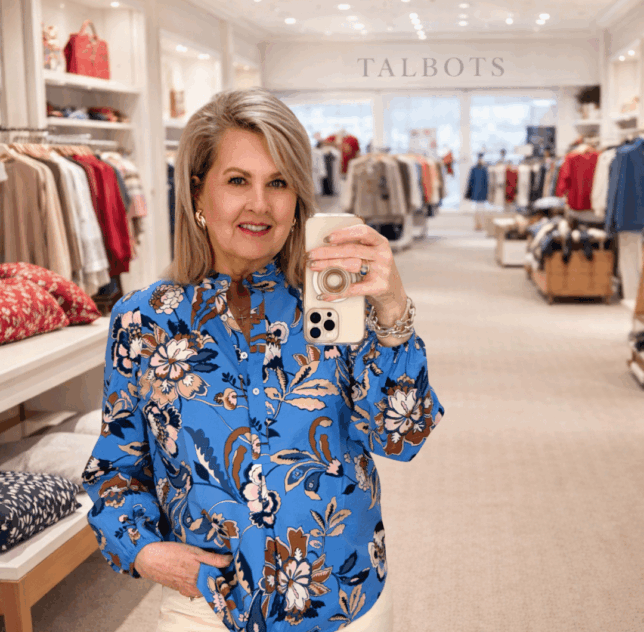 Tania wearing a blue floral top and jeans from Talbots