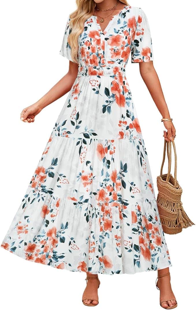 Woman wearing floral boho maxi dress with short sleeves