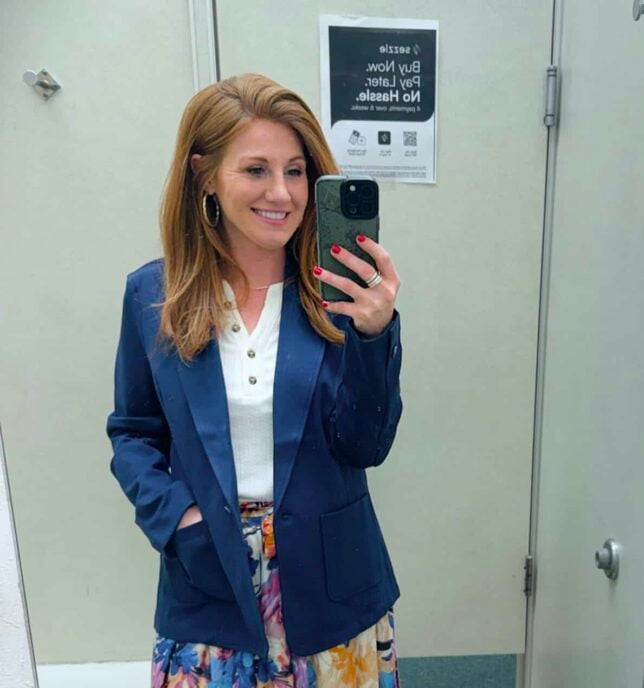 Stephanie wearing a blue blazer with a TIE WAIST MULTICOLOR FLORAL MAXI SKIRT and a white tee