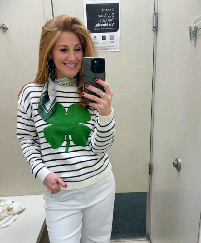 Stephanie wearing a shamrock sweater