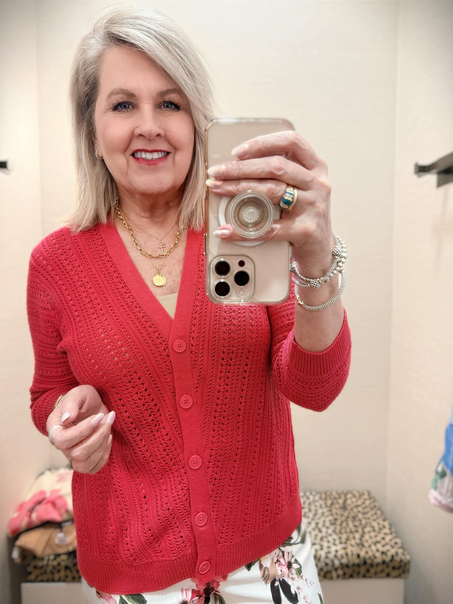 Tania wearing a red cardigan from Chico's new arrivals